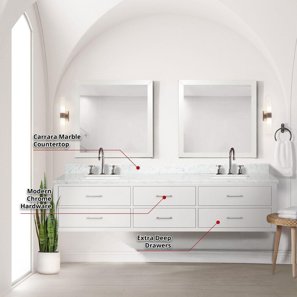 Lexora Home Castor 84" Double Bathroom Vanity in White with 2 cm White Carrara Marble Top and Rectangular Sinks, , large