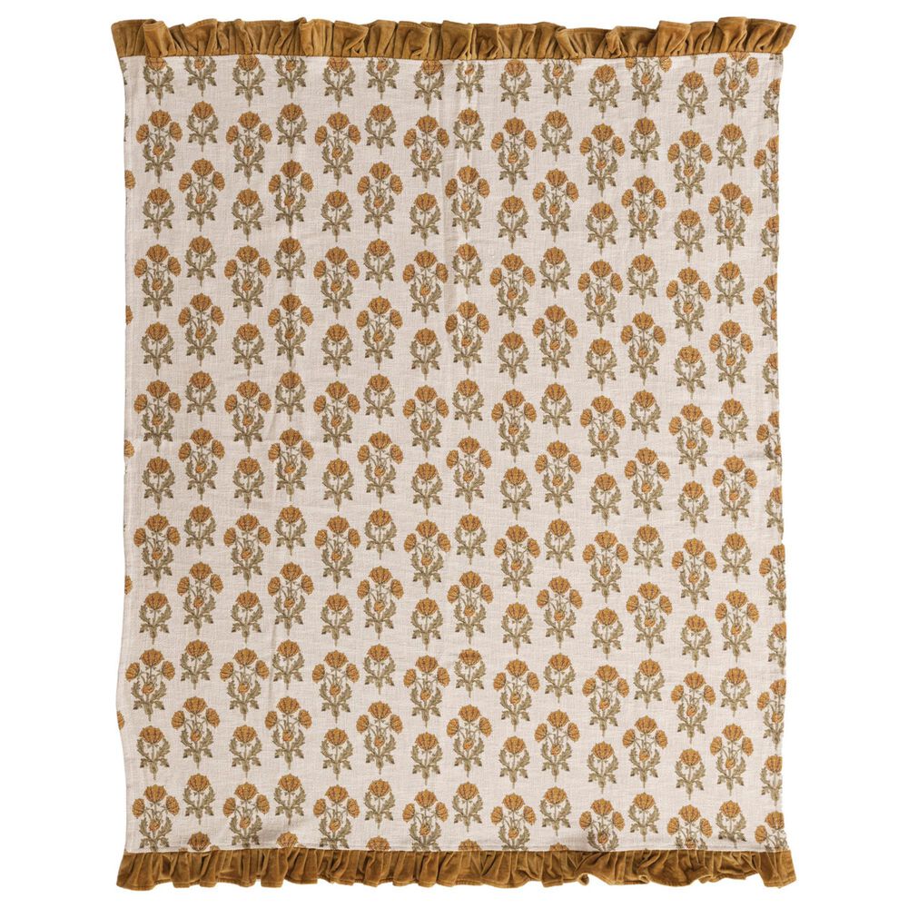 Creative Coop Cozy 60"x 50" Cotton Slub Printed Throw with Velvet Ruffle in Multicolor, , large