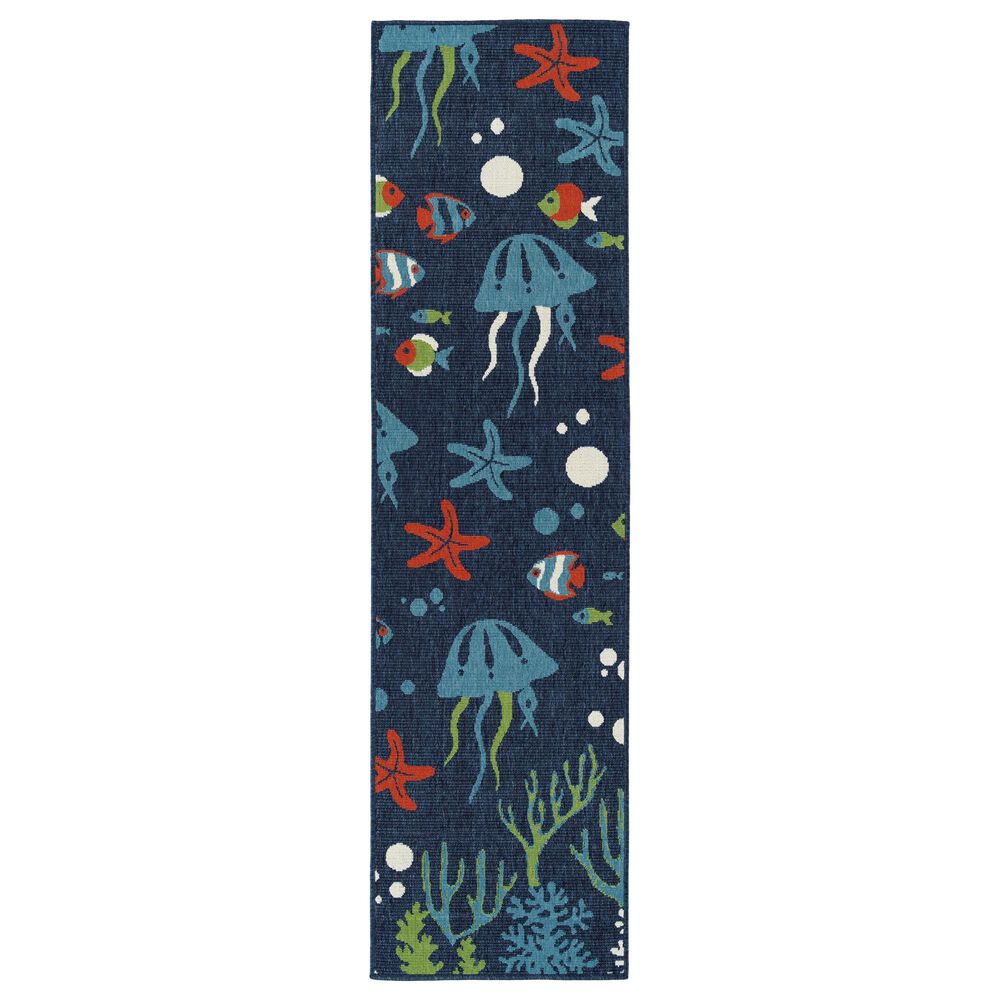 Kaleen Rugs Amalie 2"2" x 8" Navy, Light Blue, Tangerine and Light Green Indoor/Outdoor Runner, , large