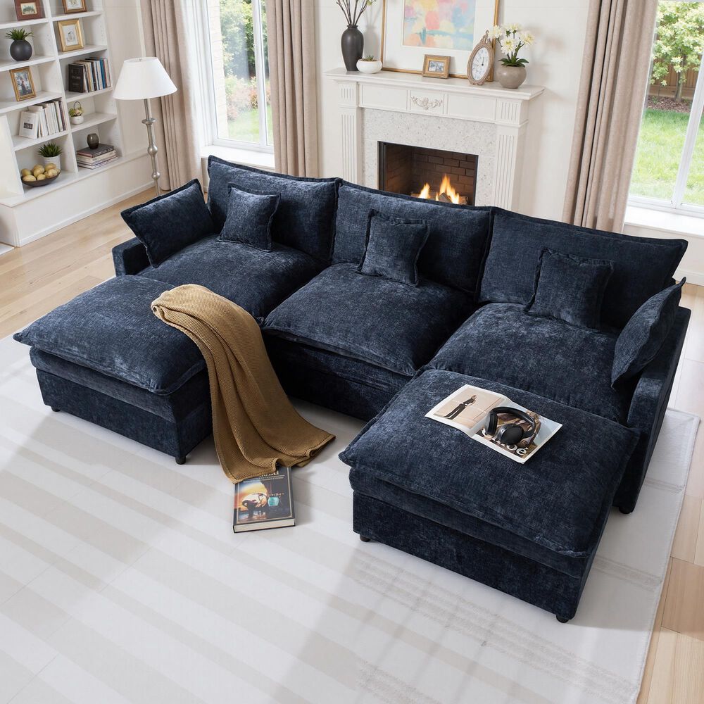 HOMLUX 107.87" Ultra-Comfort Chenille Sectional Sofa Set in Dark Blue, , large