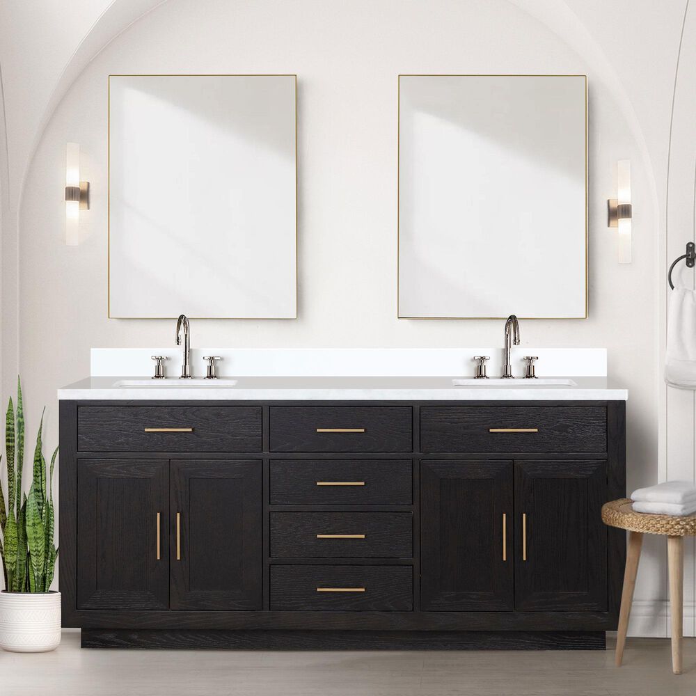 Lexora Home Abbey 72&quot; Double Bathroom Vanity in Black Oak with 2 cm White Quartz Top and Rectangular Sinks, , large