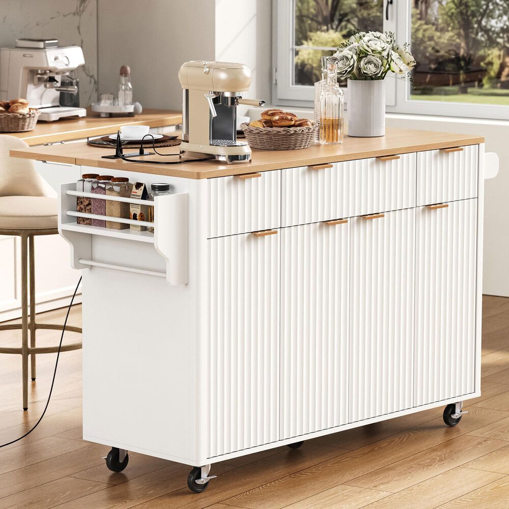HOMLUX 56" Kitchen Island with Drop Leaf in White, , large