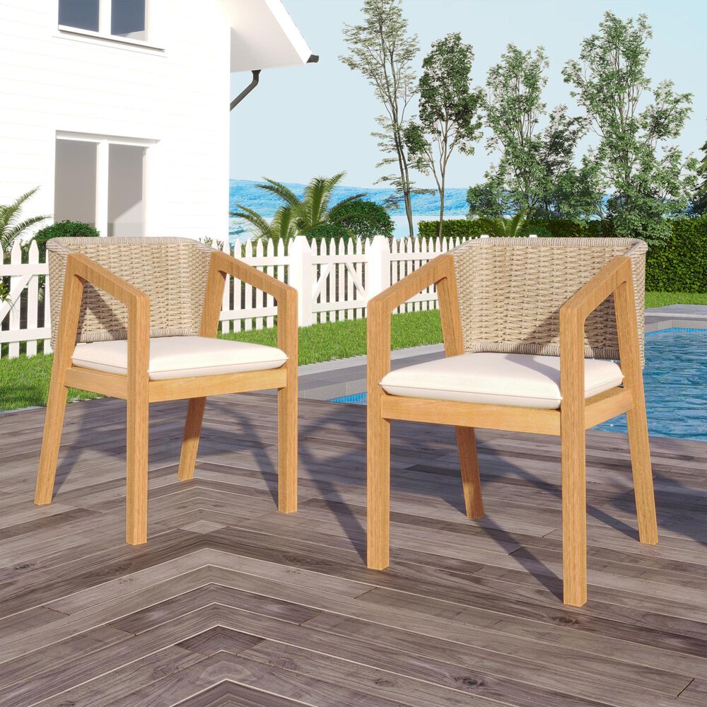 Hearth and Haven Patio Dining Chair with Rope-Design Backrest and Cushions in Light Teak (Set of 2), , large