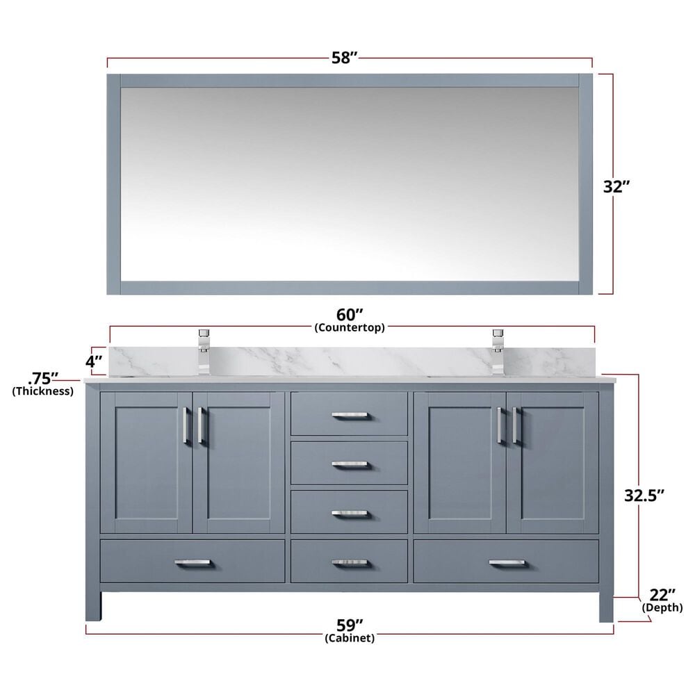 Lexora Home Jacques 60&quot; Double Bathroom Vanity in Dark Grey with 2 cm White Carrara Marble Top and Rectangular Sinks, , large