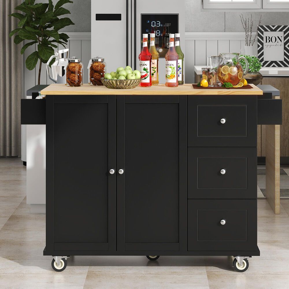 HOMLUX 53" Rolling Mobile Kitchen Island with Solid Wood Top and Locking Wheels in Black, , large