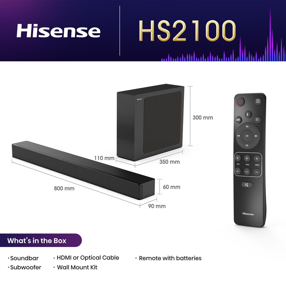 Hisense HS2100 2.1 CH Soundbar with Wireless Subwoofer, , large
