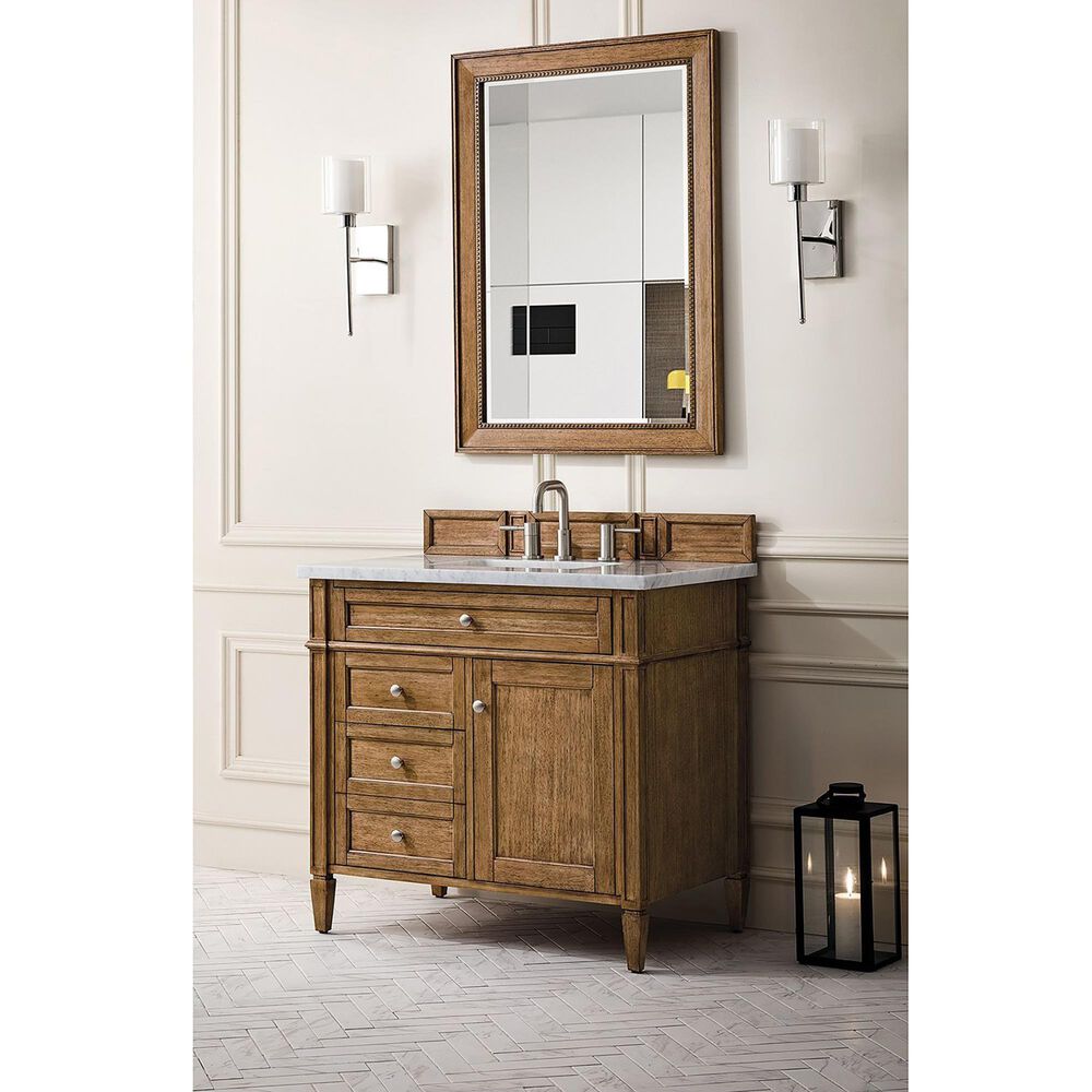 James Martin Vanities Brittany 36" Single Bathroom Vanity in Saddle Brown with 3 cm Eternal Jasmine Pearl Quartz Top and Rectangular Sink, , large