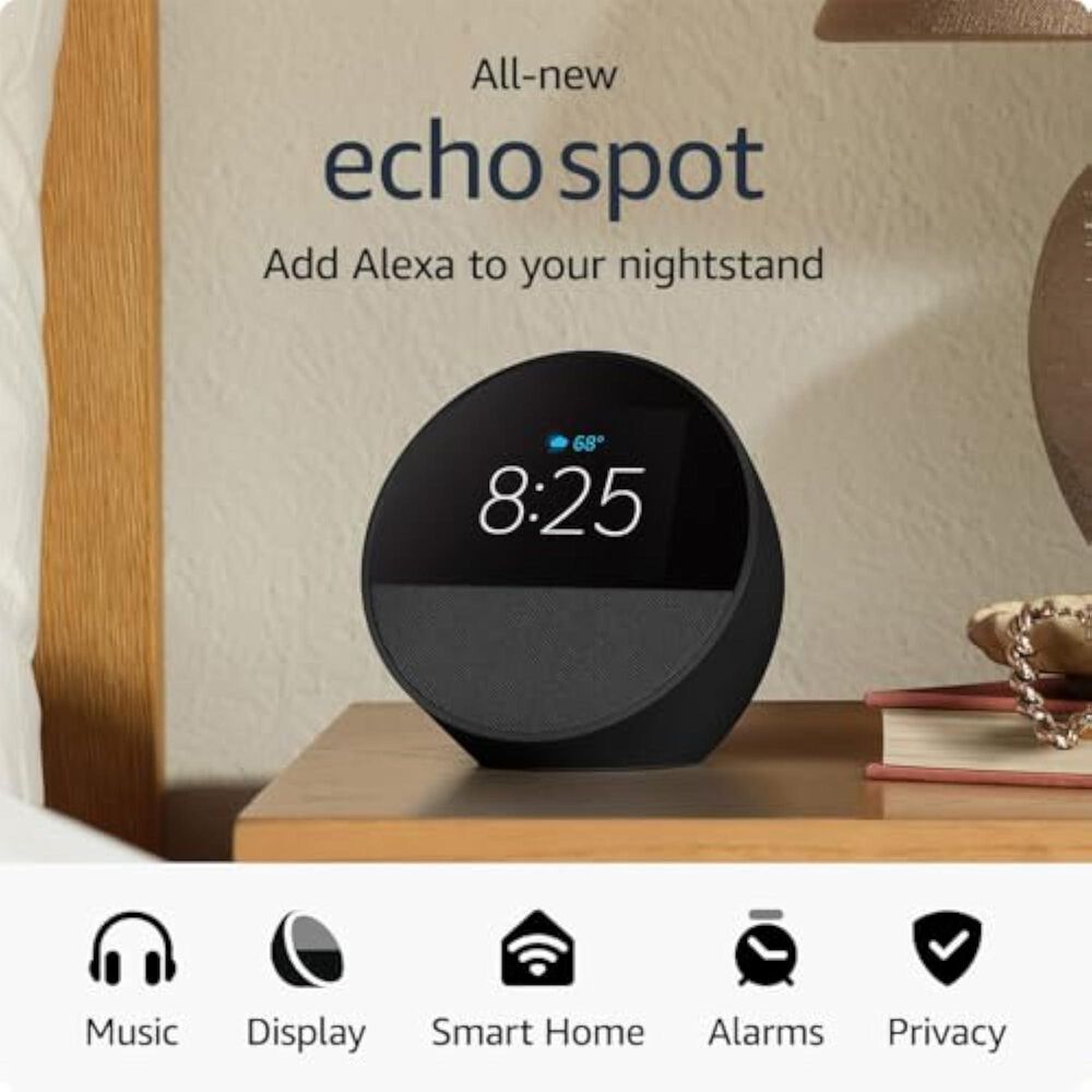 Amazon Echo Spot &#40;2024 release&#41;, Smart alarm clock with vibrant sound + Alexa - Black, , large