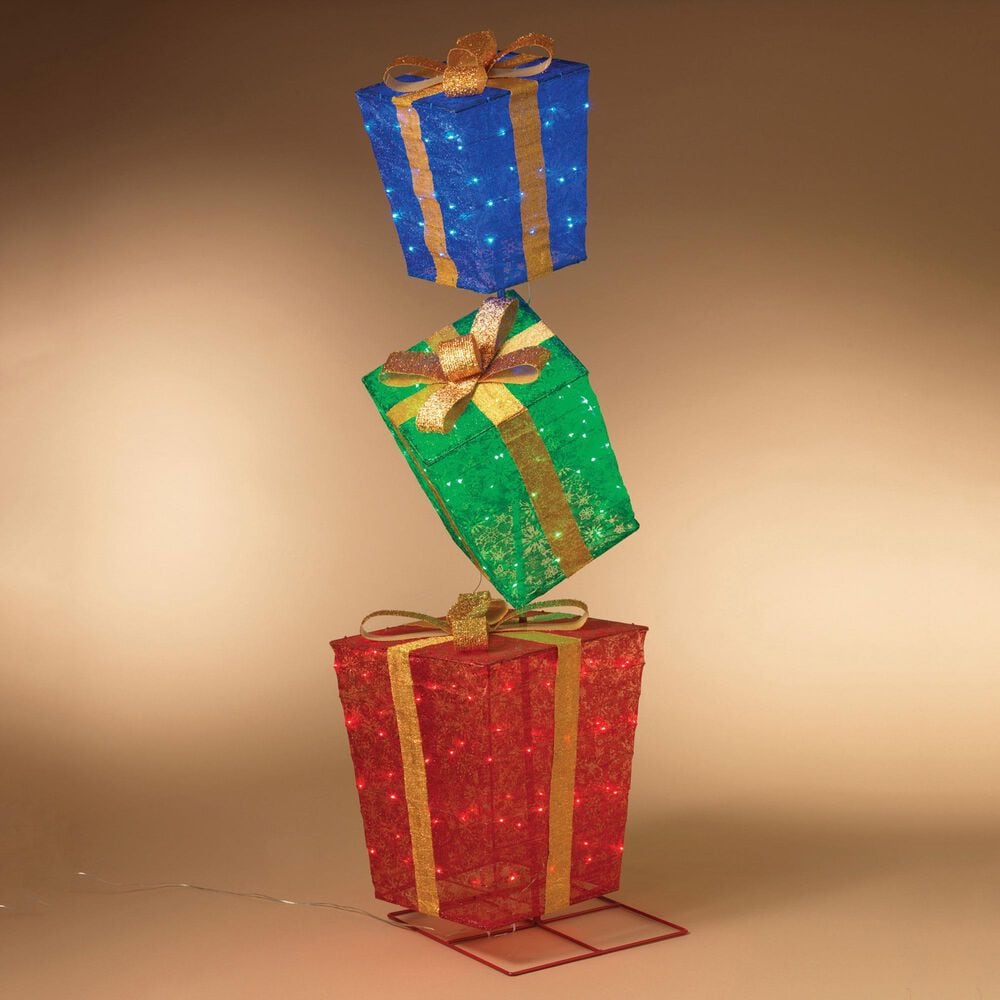 The Gerson Company 72&quot; Tall Electric 3-Stacked Lighted Christmas Presents in Multicolor, , large