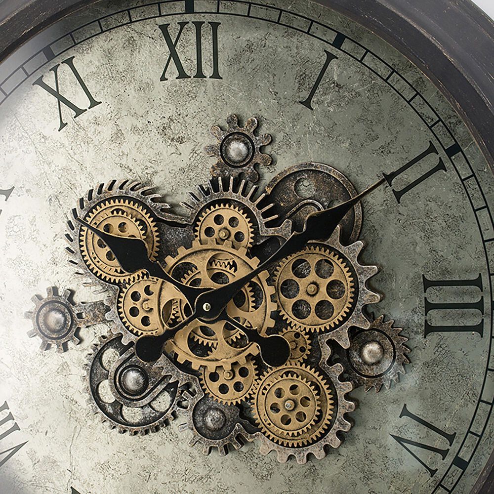 A&amp;B Home Round Clock with Exposed Gold Gears in Gray and Black, , large