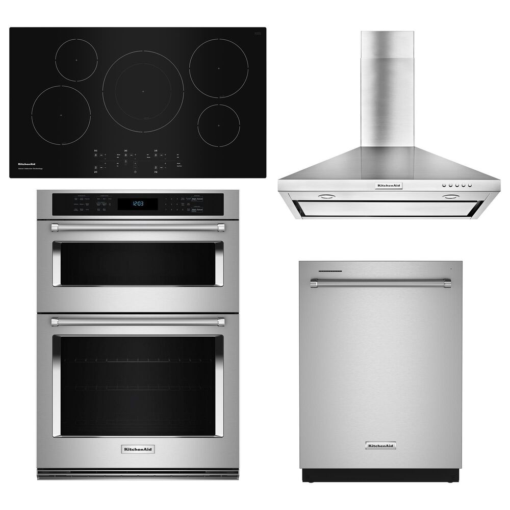 KitchenAid 4-Piece Kitchen Package with 30" Combination Microwave Wall Ovens, 36" Cooktop, 36" Canopy Hood and Dishwasher in Stainless Steel and Black, , large