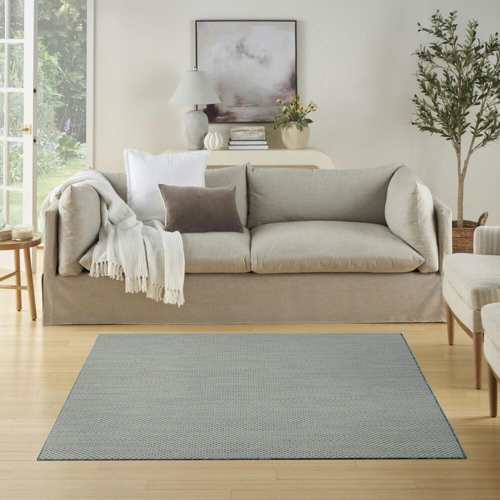 Nourison Courtyard Ivory and Aqua 5&#39; Square Indoor/Outdoor Area Rug, , large