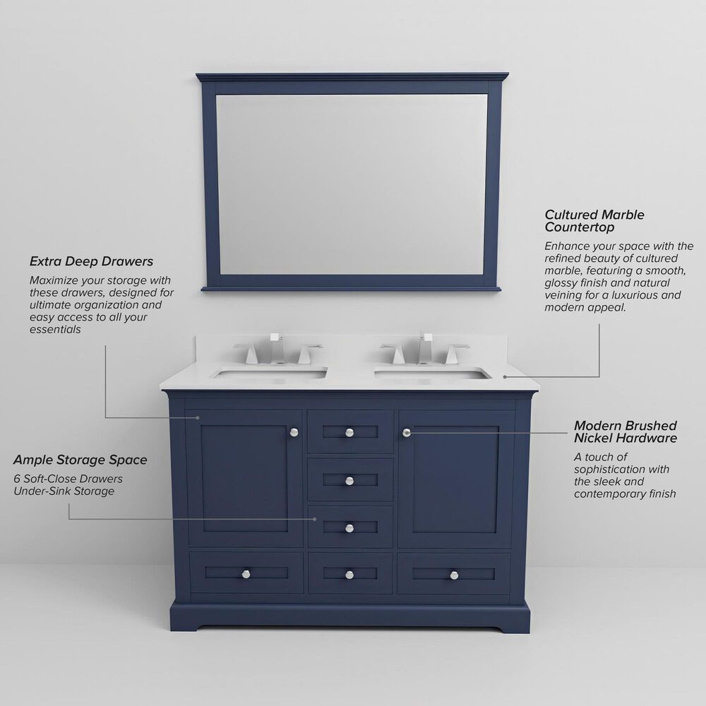 Lexora Home Dukes 48" Double Bathroom Vanity in Navy Blue with 2 cm White Cultured Marble Top and Rectangular Sinks, , large