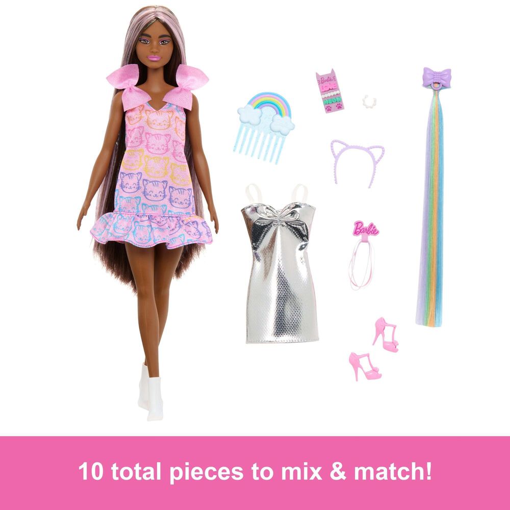 Barbie Fun &amp; Fancy Brunette Fashion Doll with Accessories in Silver, Purple and White, , large