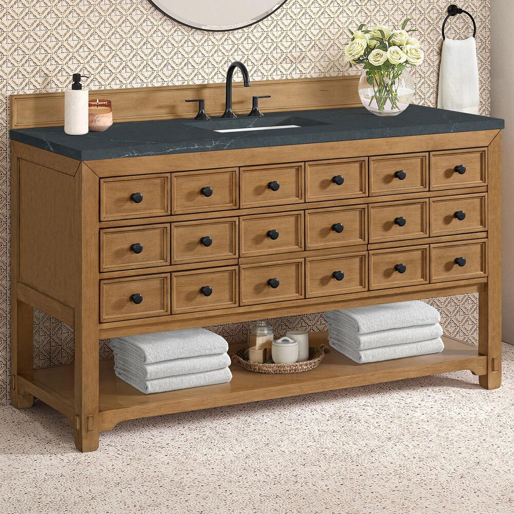 James Martin Malibu 60&quot; Single Bathroom Vanity in Amber Birch with 3 cm Charcoal Soapstone Quartz Top and Rectangular Sink, , large