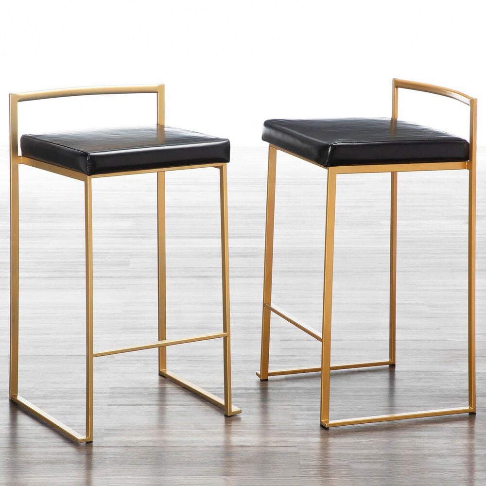LumiSource Fuji 26" Stacker Counter Stool with Black Upholstery in Gold (Set of 2), , large