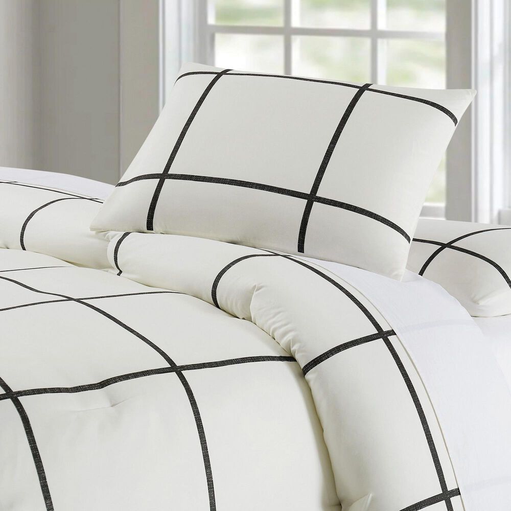 Pem America Truly Soft Windowpane 3-Piece Full/Queen Comforter Set in Ivory/Black, , large