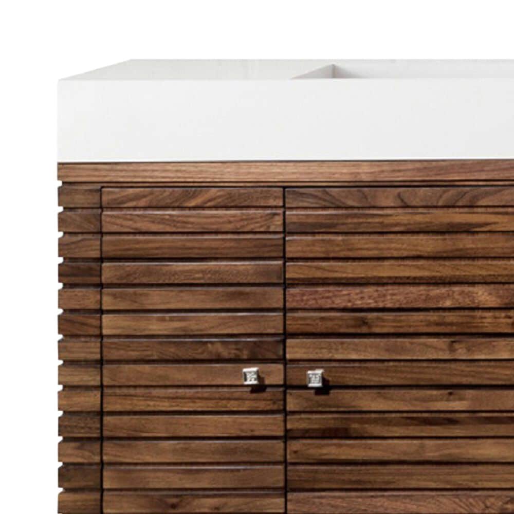 James Martin Vanities Linear 72&quot; Double Bathroom Vanity in Mid Century Walnut with 10 cm Glossy White Solid Surface Top and Rectangular Sinks, , large