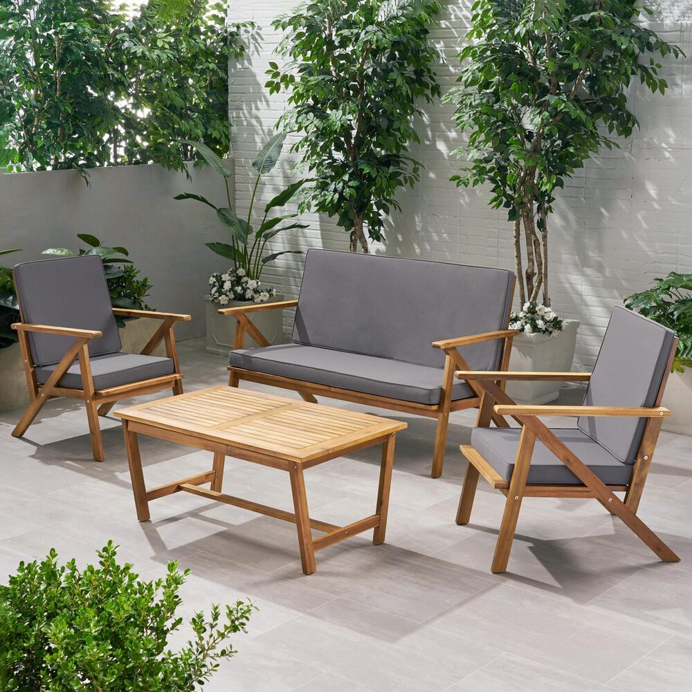 Hearth and Haven Panama 4-Piece Patio Conversation Set with Gray Cushion in Teak, , large