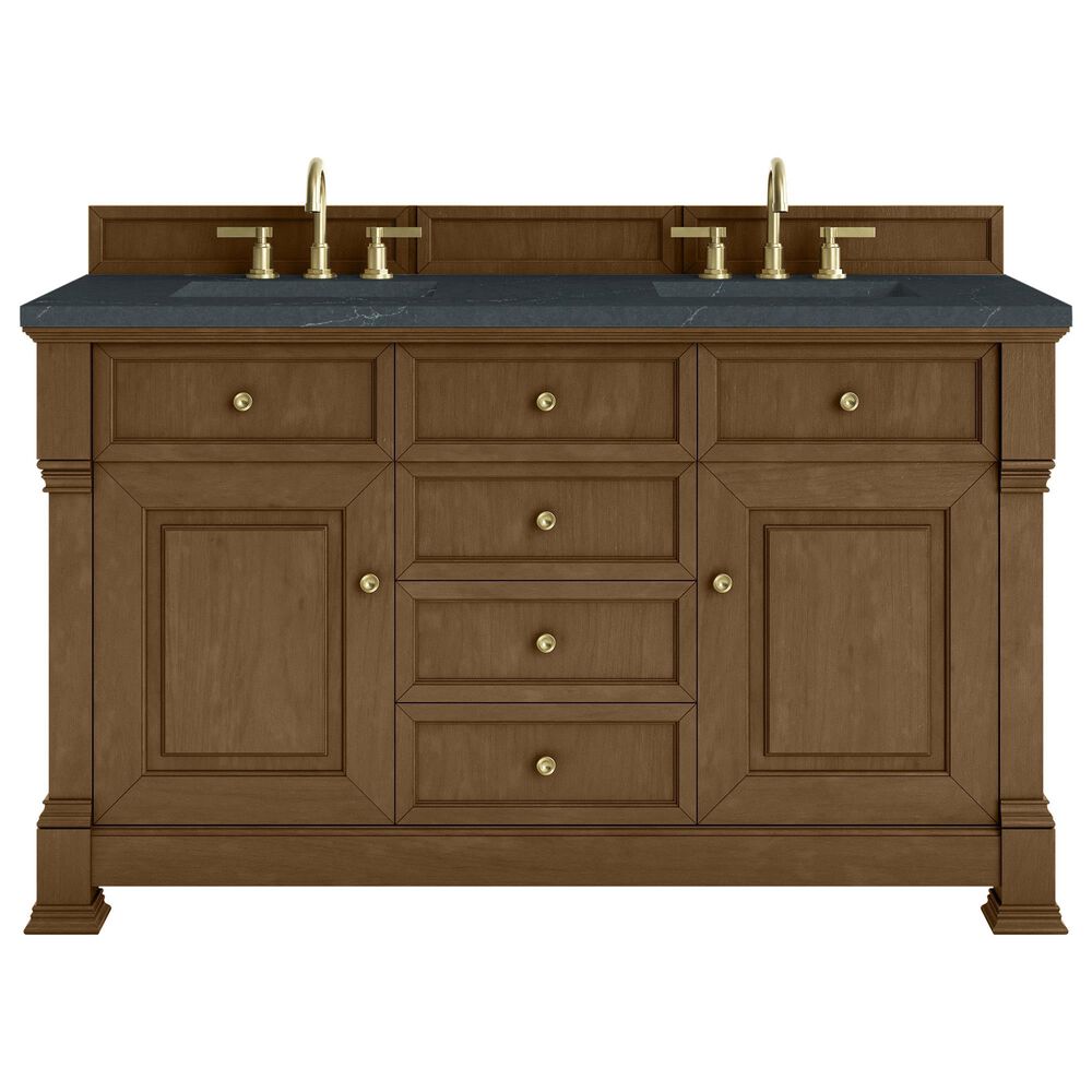 James Martin Vanities Brookfield 60" Double Bathroom Vanity in Honey Oak with 3 cm Charcoal Soapstone Quartz Top and Rectangular Sinks, , large