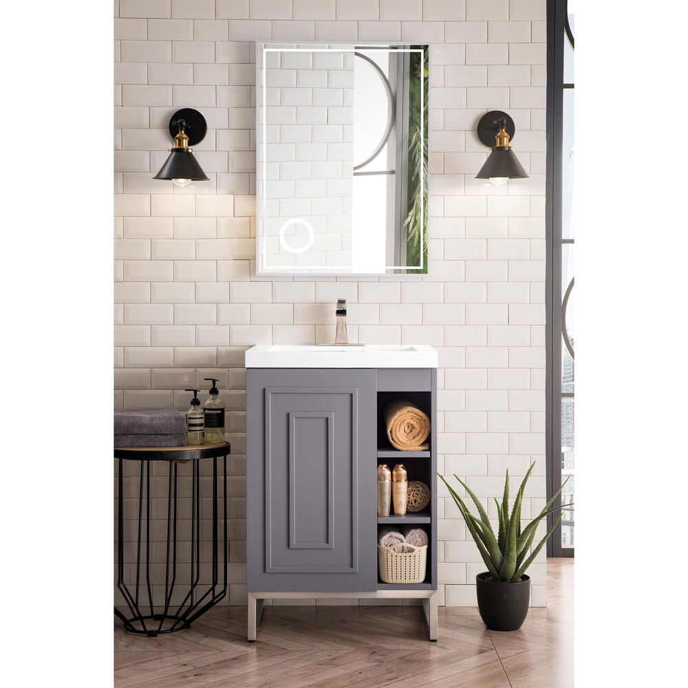 James Martin Vanities Alicante 24&quot; Single Bathroom Vanity in Grey Smoke and Brushed Nickel with 5 cm White Glossy Resin Top and Rectangular Sink, , large