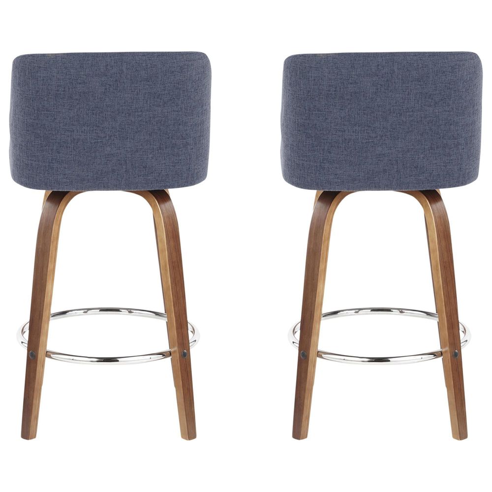 LumiSource Toriano Swivel Counter Stool with Blue Fabric Upholstery in Walnut and Chrome (Set of 2), , large