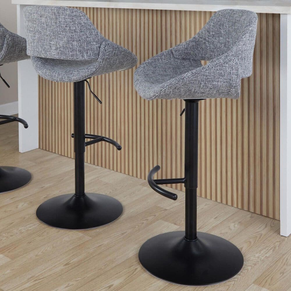 LumiSource Fabrico Swivel Adjustable Bar Stool with Grey Noise Fabric Upholstery and Rounded T Footrest in Black (Set of 2), , large