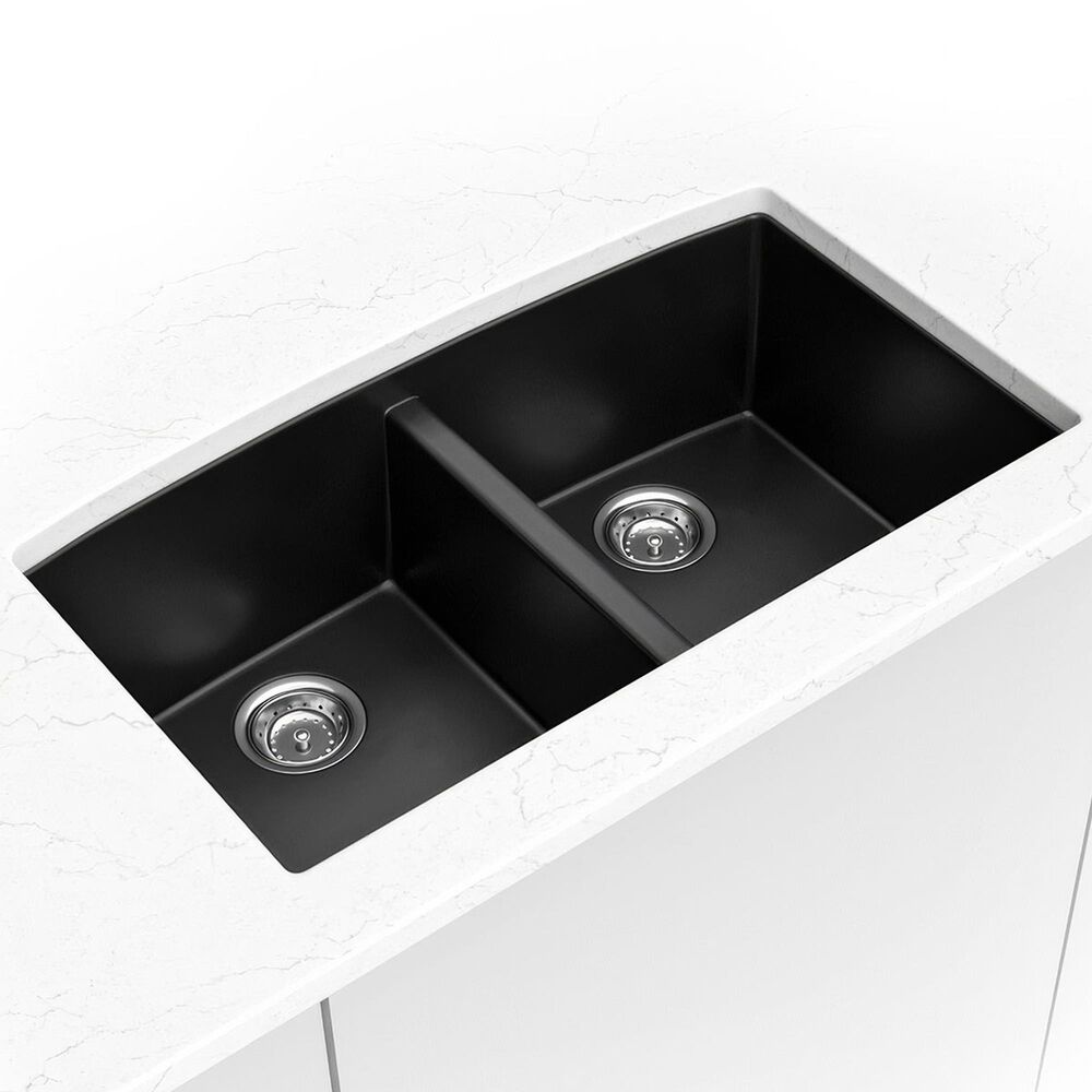 MS International 32.5" 50/50 Undermount Double Bowl Kitchen Sink in Matte Black, , large
