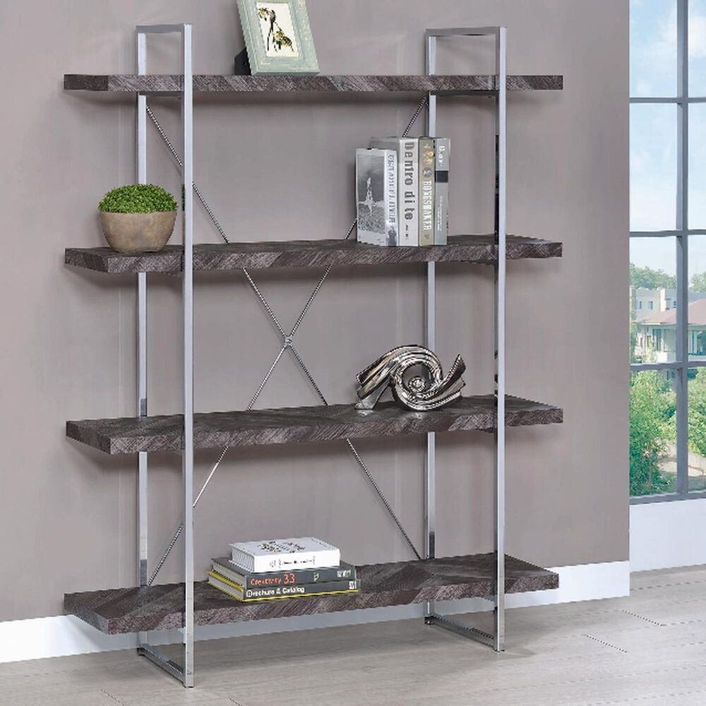Pacific Landing Grimma 4-Shelf Bookcase in Rustic Grey Herringbone and Chrome, , large