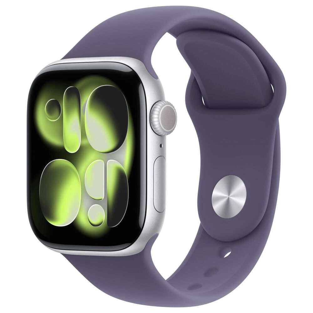Apple Watch Series 11 (GPS) 42mm Aluminum Case with Purple Fog Sport Band - S/M in Silver and 2-Year AppleCare+, , large