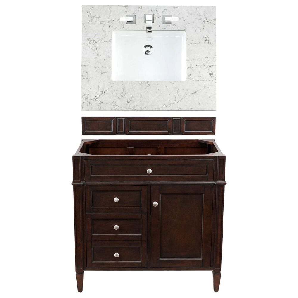 James Martin Vanities Brittany 36" Single Bathroom Vanity in Burnished Mahogany with 3 cm Eternal Jasmine Pearl Quartz Top and Rectangle Sink, , large