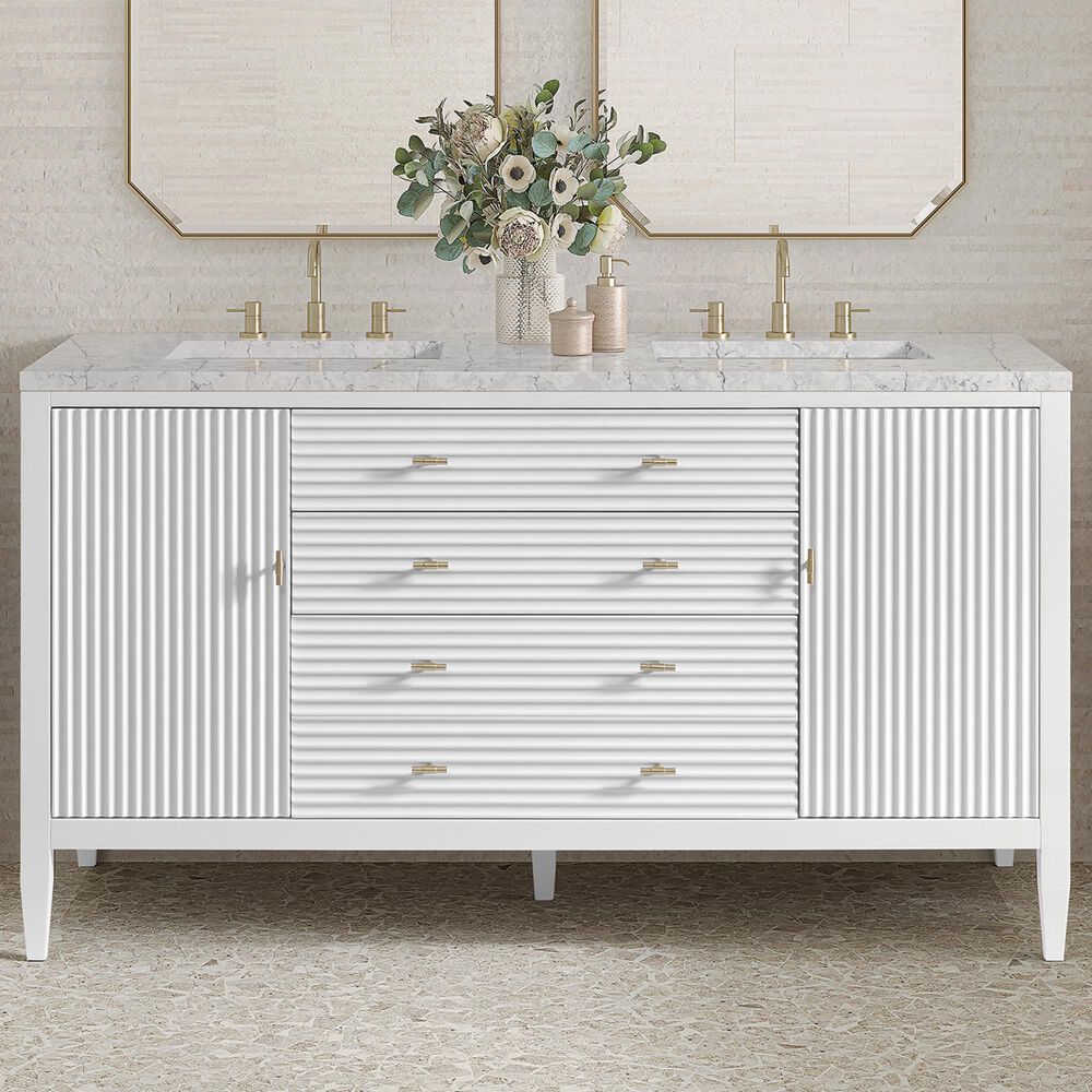 James Martin Vanities Myrrin 60&quot; Double Vanity in Bright White with 3 cm Eternal Jasmine Pearl Quartz Top, , large