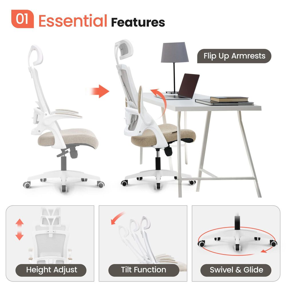 HOMLUX Swivel Ergonomic Office Chair with Headrest Lumbar Support in Beige, , large