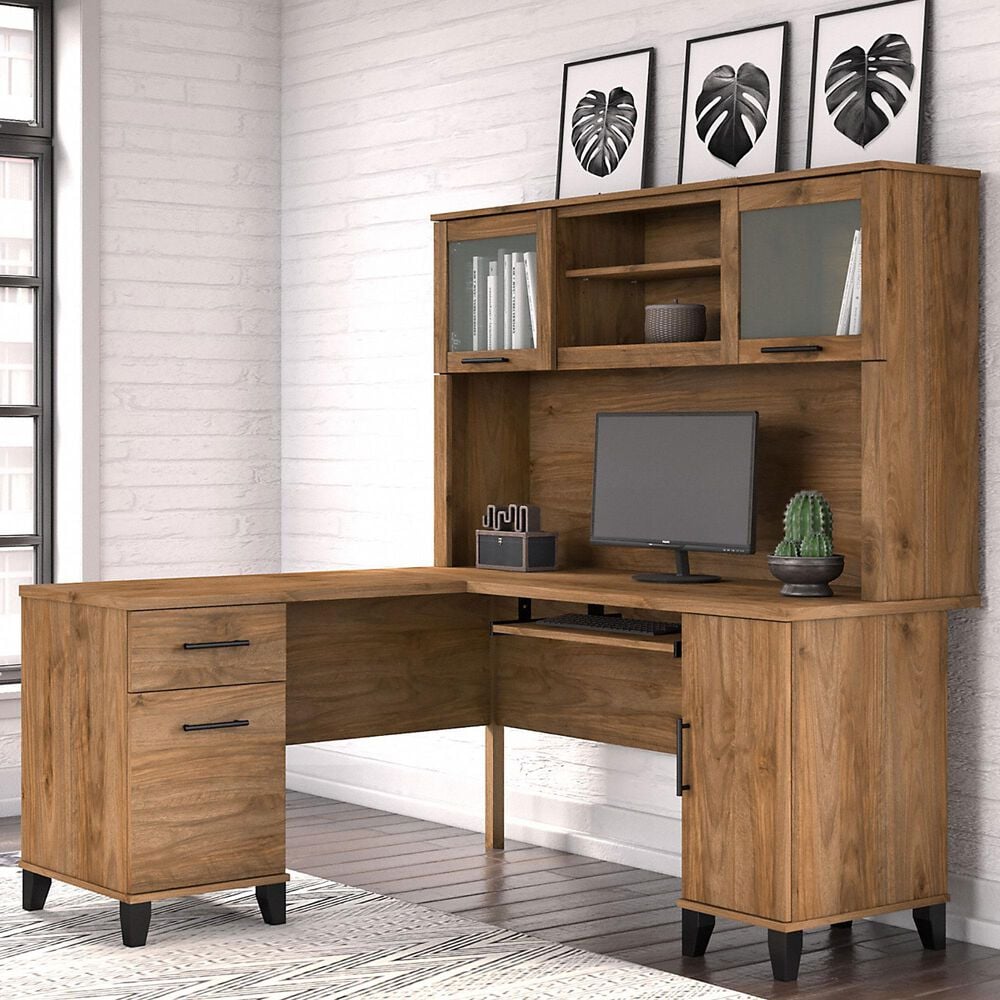 Bush Somerset 60&quot; L-Shaped Desk with Hutch in Fresh Walnut, , large