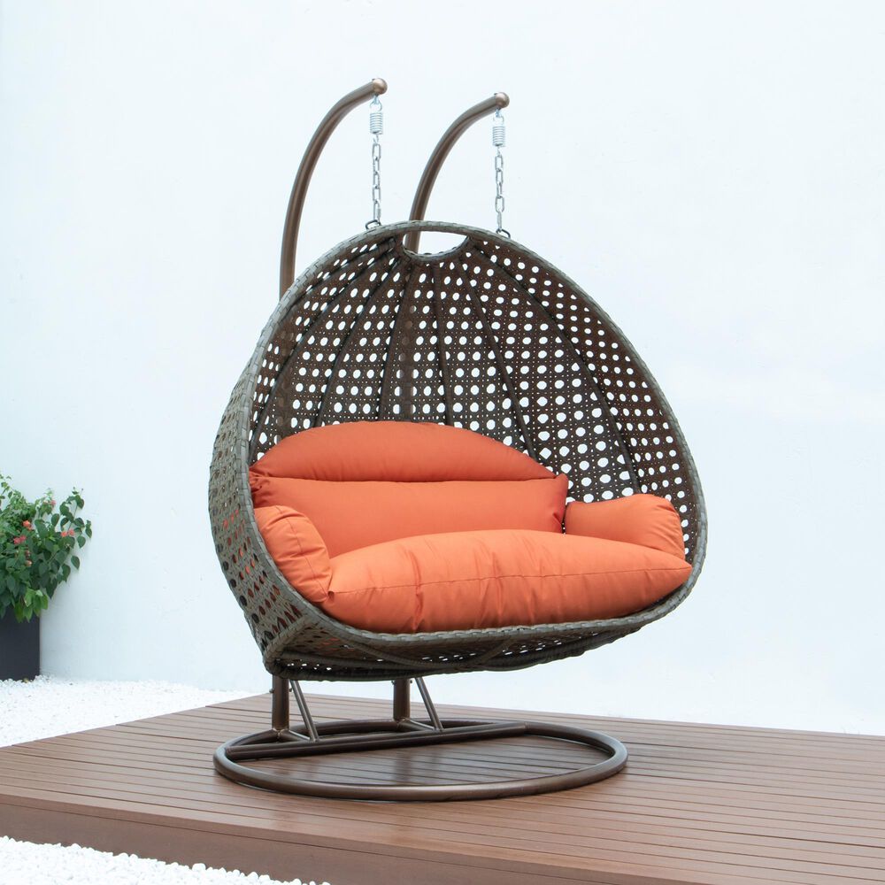 Leisuremod 57&quot; Patio 2-Seat Hanging Egg Swing Chair with Orange Cushion in Beige, , large