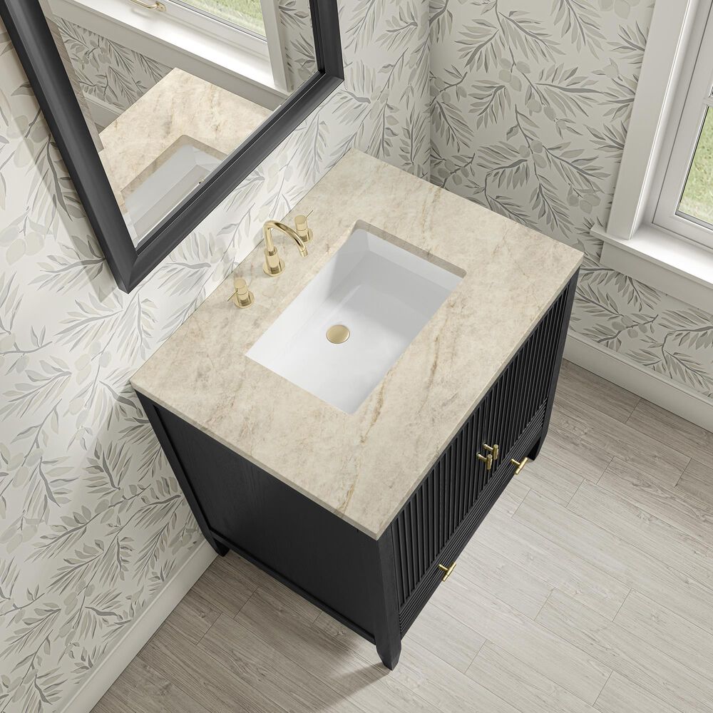 James Martin Myrrin 30" Single Bathroom Vanity in Carbon Oak with 3 cm Tajnar Eclos Top and Rectangular Sink, , large