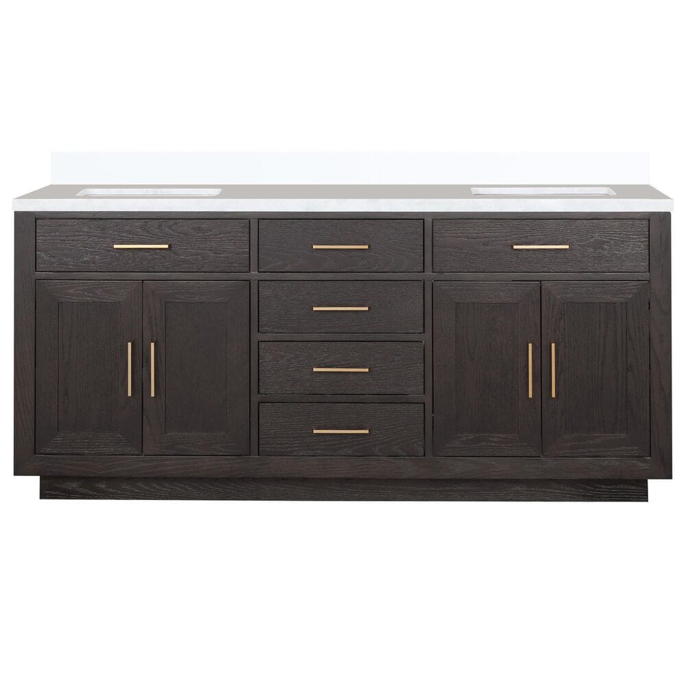 Lexora Home Abbey 72&quot; Double Bathroom Vanity in Brown Oak with 2 cm White Quartz Top and Rectangular Sinks, , large