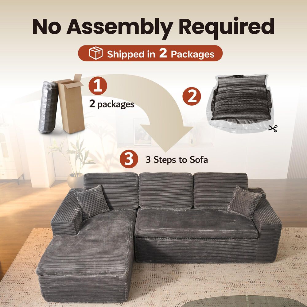 HOMLUX 2-Piece Stationary Left-Facing Chaise with Loveseat and Corduroy Fabric Upholstery in Grey, , large