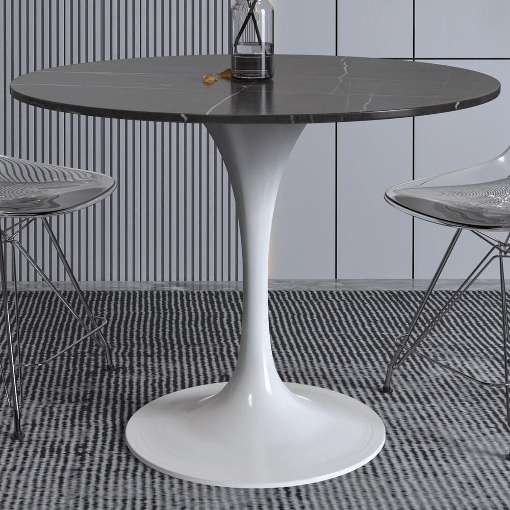 Leisuremod LeisureMod Verve Collection 36 Round Dining Table, White Base with Sintered Stone Black Top, , large