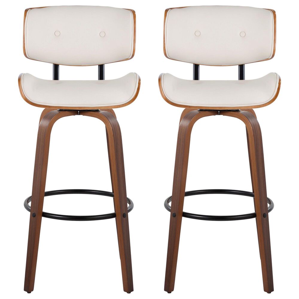 LumiSource Lombardi 30" Swivel Barstool with Cream Faux Leather Upholstery in Walnut and Black (Set of 2), , large
