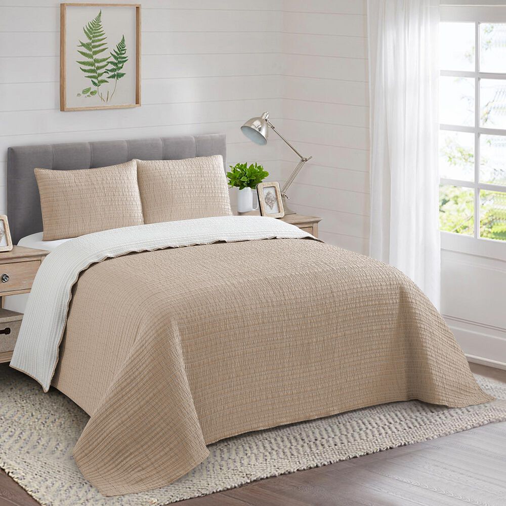 Duke Imports 3-Piece Jacquard Full/Queen Quilt Set in Double Stitched Tan, , large