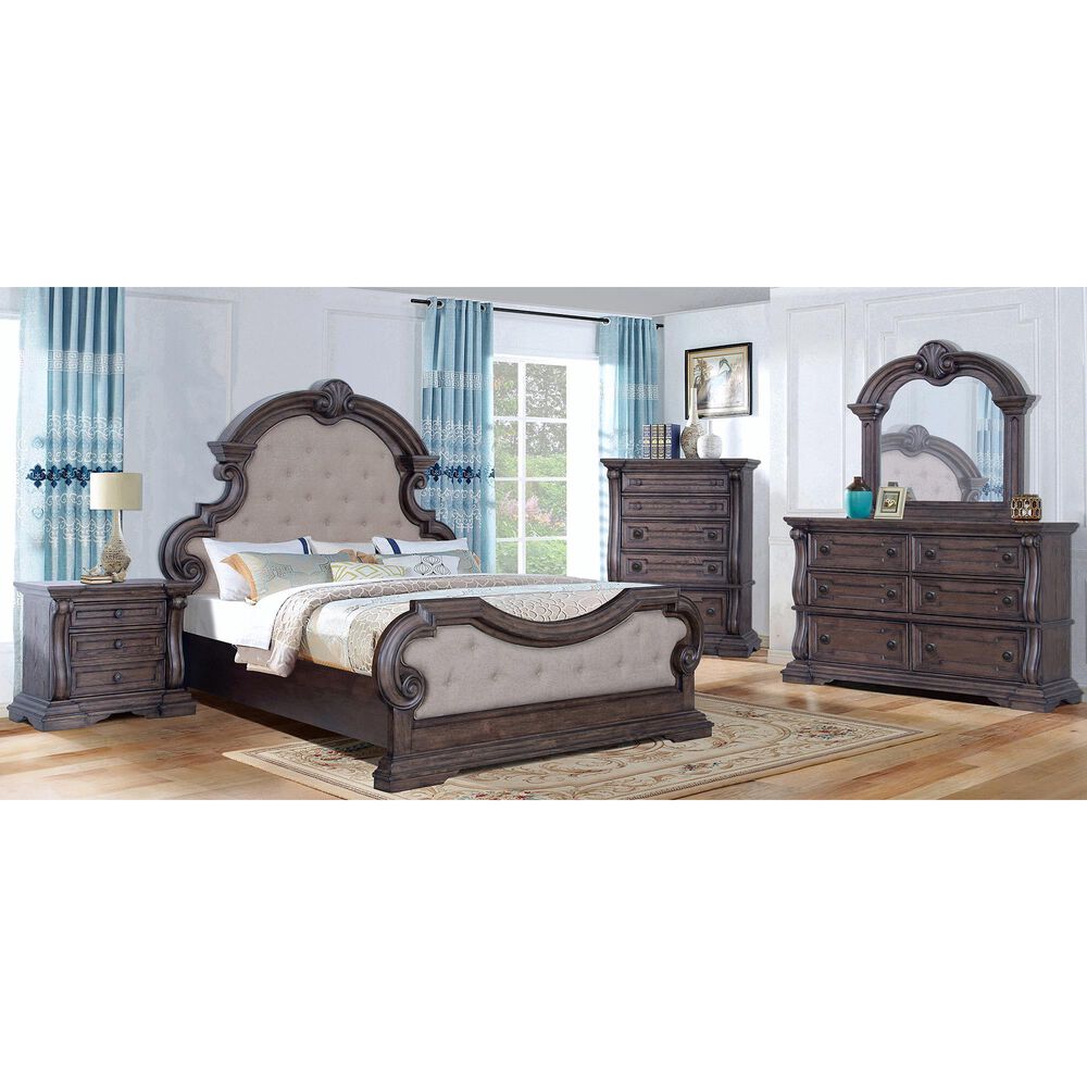 Sasha Lee Bellmeade Oak Queen Upholstered Button Tufted Bed in Knotty Oak Distressed Brown, , large