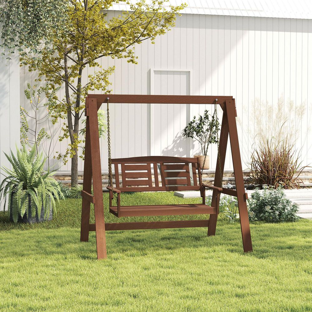 HOMLUX 2-Seat Outdoor Porch Swing Bench Meranti Wood Chair with Stand in Teak Oil, , large