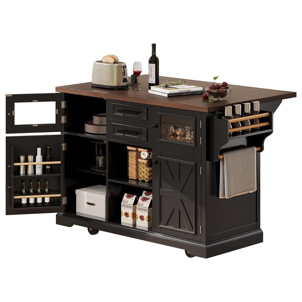 HOMLUX 54.9" Kitchen Island with Drop Leaf in Black and Brown, , large