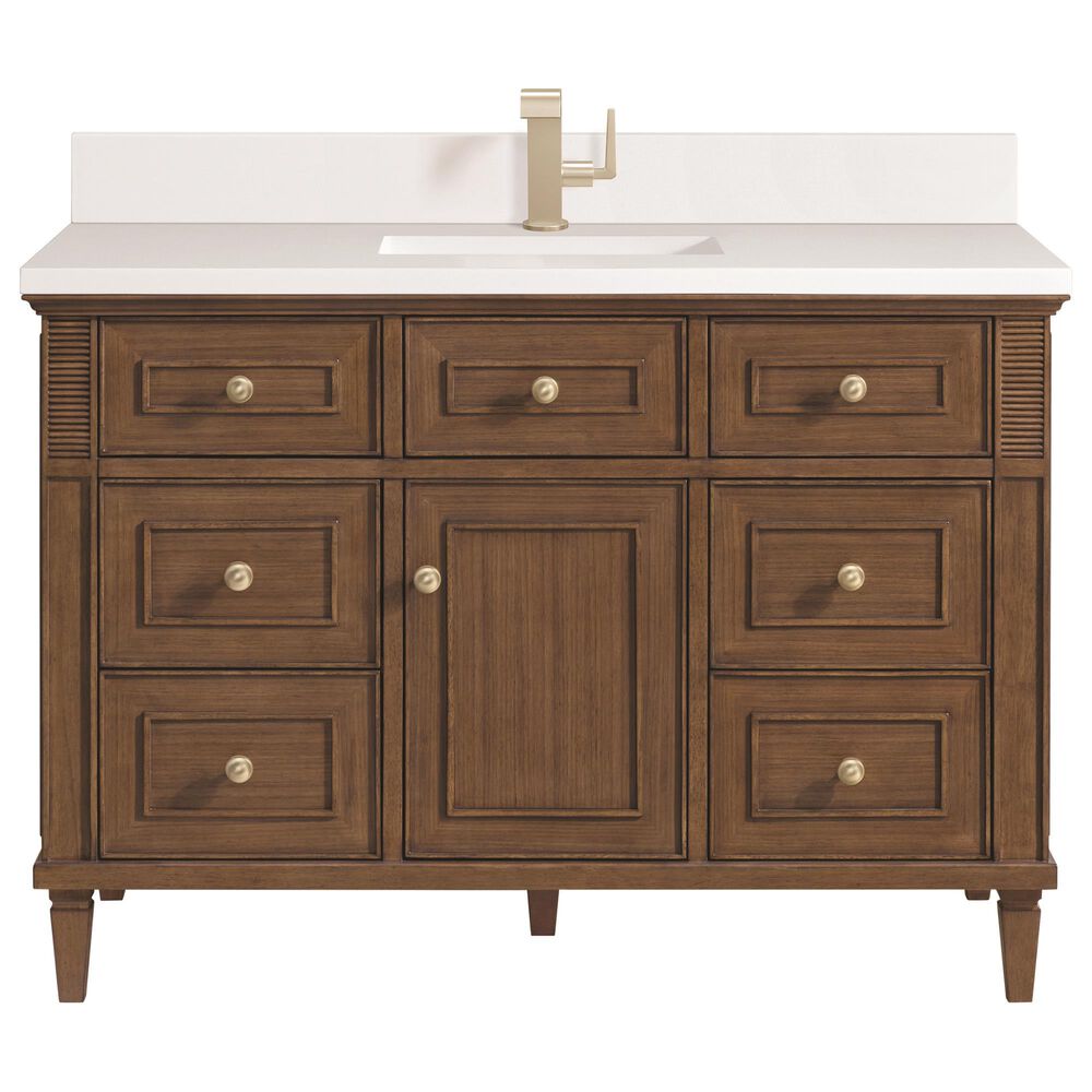 James Martin Vanities Lorelai 48" Single Vanity in Mid-Century Walnut with Single Hole and 3 CM White Zeus Quartz Top & Backsplash, , large