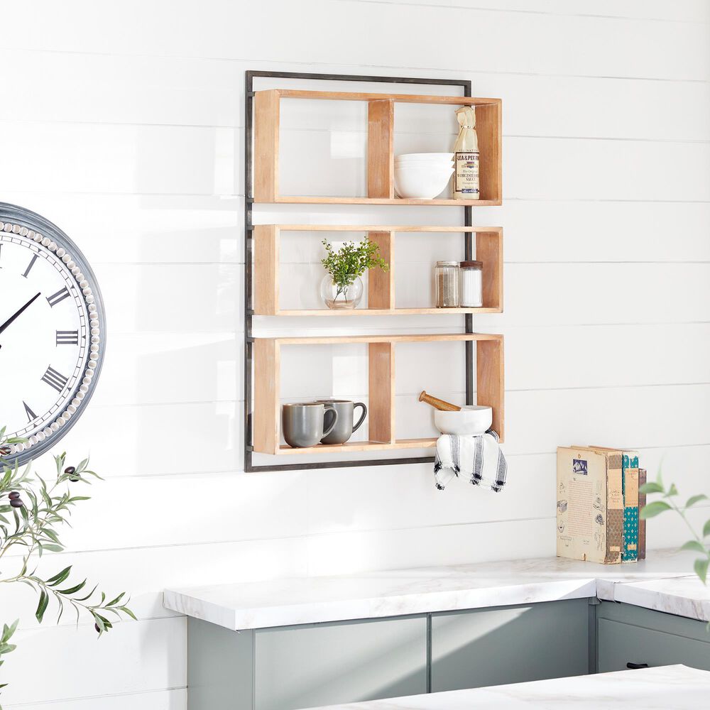 Maple and Jade 24&quot; x 35&quot; Wall Shelf in Natural Brown and Black, , large