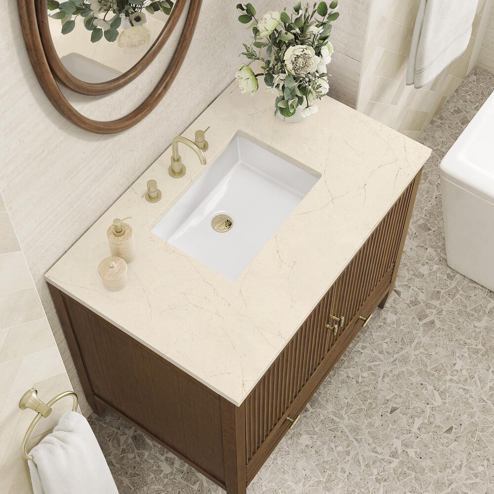 James Martin Vanities Myrrin 36&quot; Vanity in Mid-Century Walnut with 3 cm Eternal Marfil Quartz Top, , large