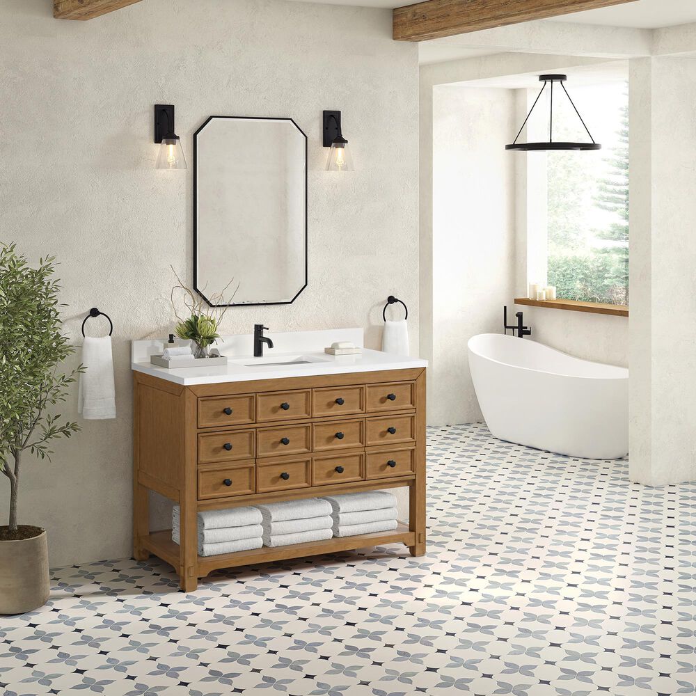 James Martin Vanities Malibu 48&quot; Single Bathroom Vanity in Amber Birch with Single Hole 3 cm White Zeus Quartz Top and Rectangular Sink, , large