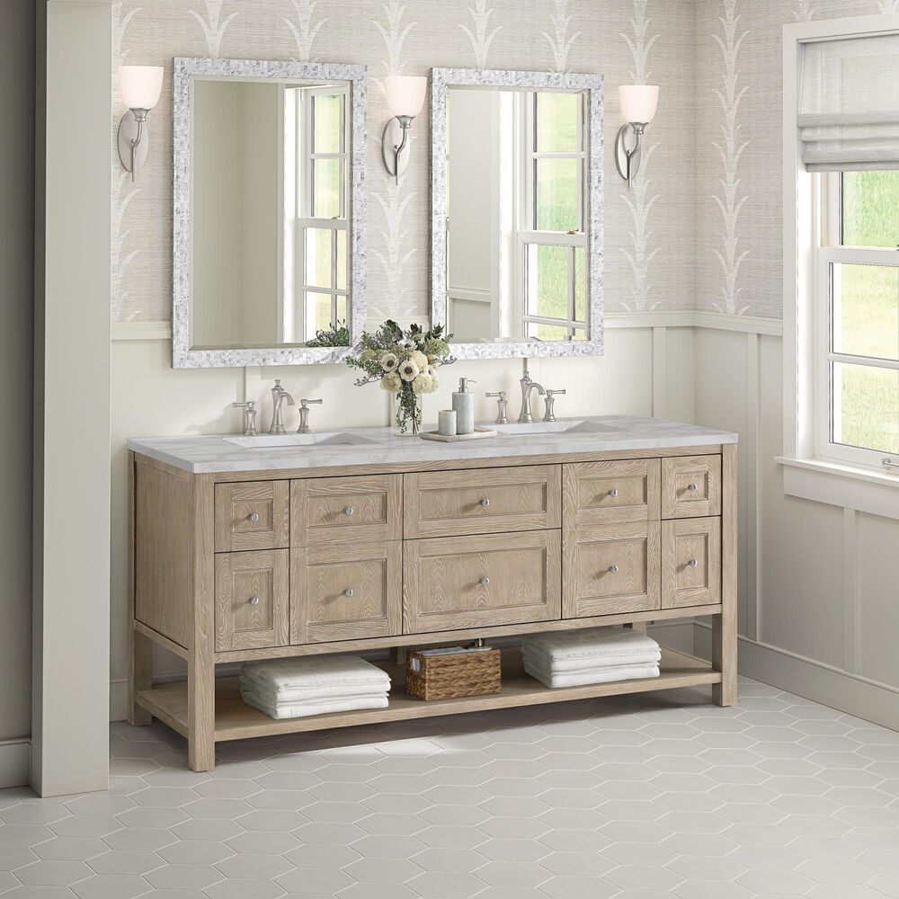 James Martin Vanities Breckenridge 72" Double Bathroom Vanity in Whitewashed Oak with 3 cm Eternal Jasmine Pearl Silestone Top, Rectangular Sinks and FreePower Wireless Charger, , large