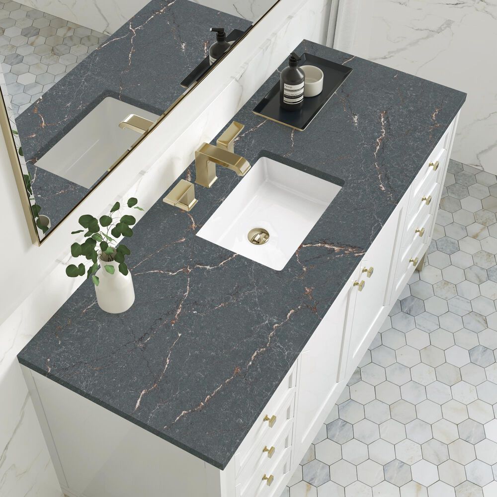 James Martin Vanities Chicago 60&quot; Single Bathroom Vanity in Glossy White with 3 cm Parisien Bleu Quartz Top and Rectangular Sink, , large